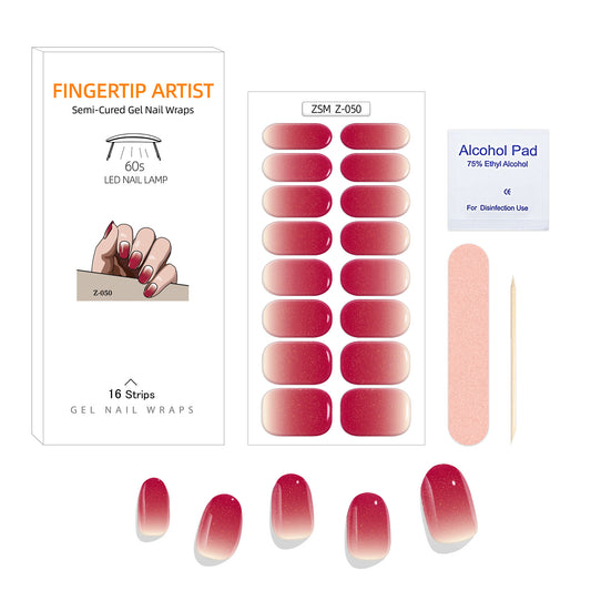 Gel Nail Art Stickers (Gradient Colors), Semi Cure Gel Nail Strips (16pcs), Real Nail Polish Art Stickers, Sticker Decoration Includes Preparation Pads, Nail Files and Wooden Sticks, Suitable For Women, Girls